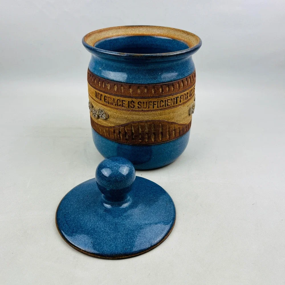 Down to Earth Pottery Canister Blue Stoneware My Grace Is Sufficient II Cor 12:9